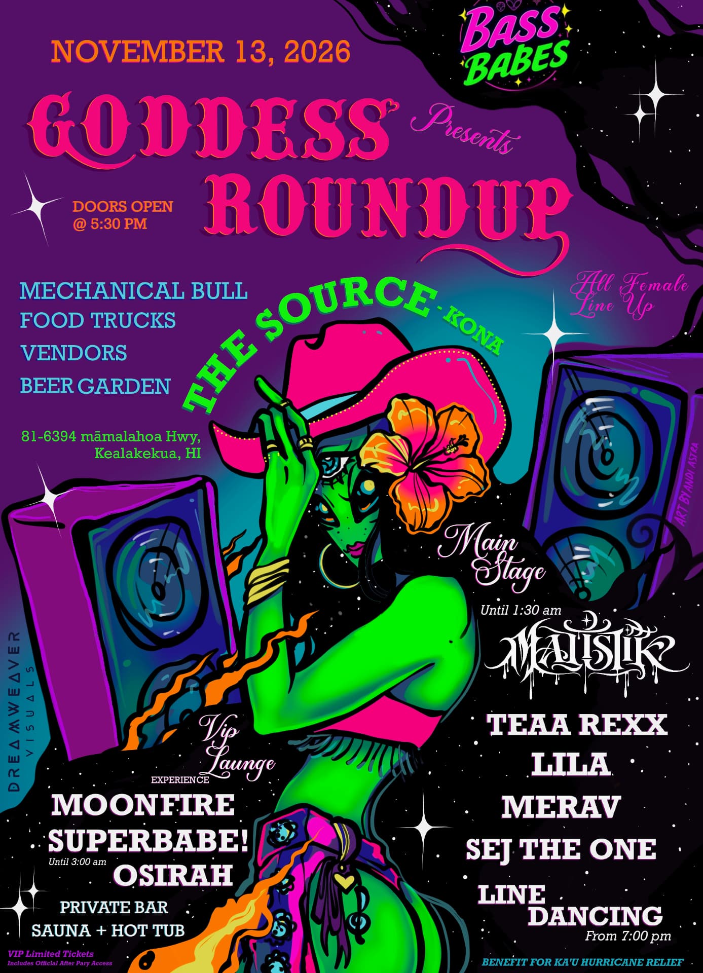 Goddess Presents Roundup flyer — Bass Babes Hawai'i, November 13, 2026 at The Source, Kona